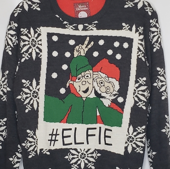 Brave Soul Ugly Christmas Sweater Sz Large Charcoal Grey Snowflakes Santa Unisex - Picture 3 of 12